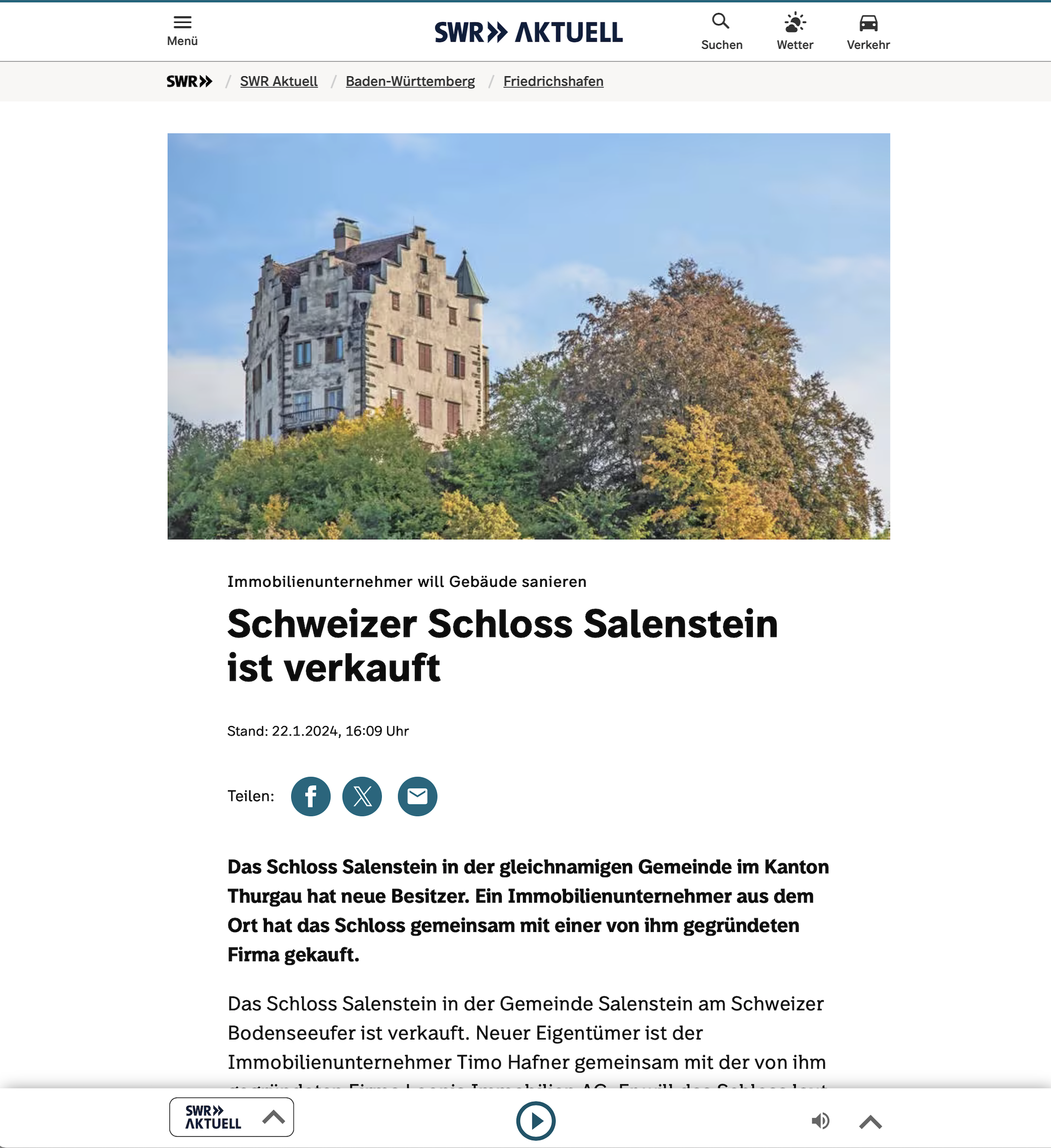 Das Schweizer Schloss Salenstein ist verkauft